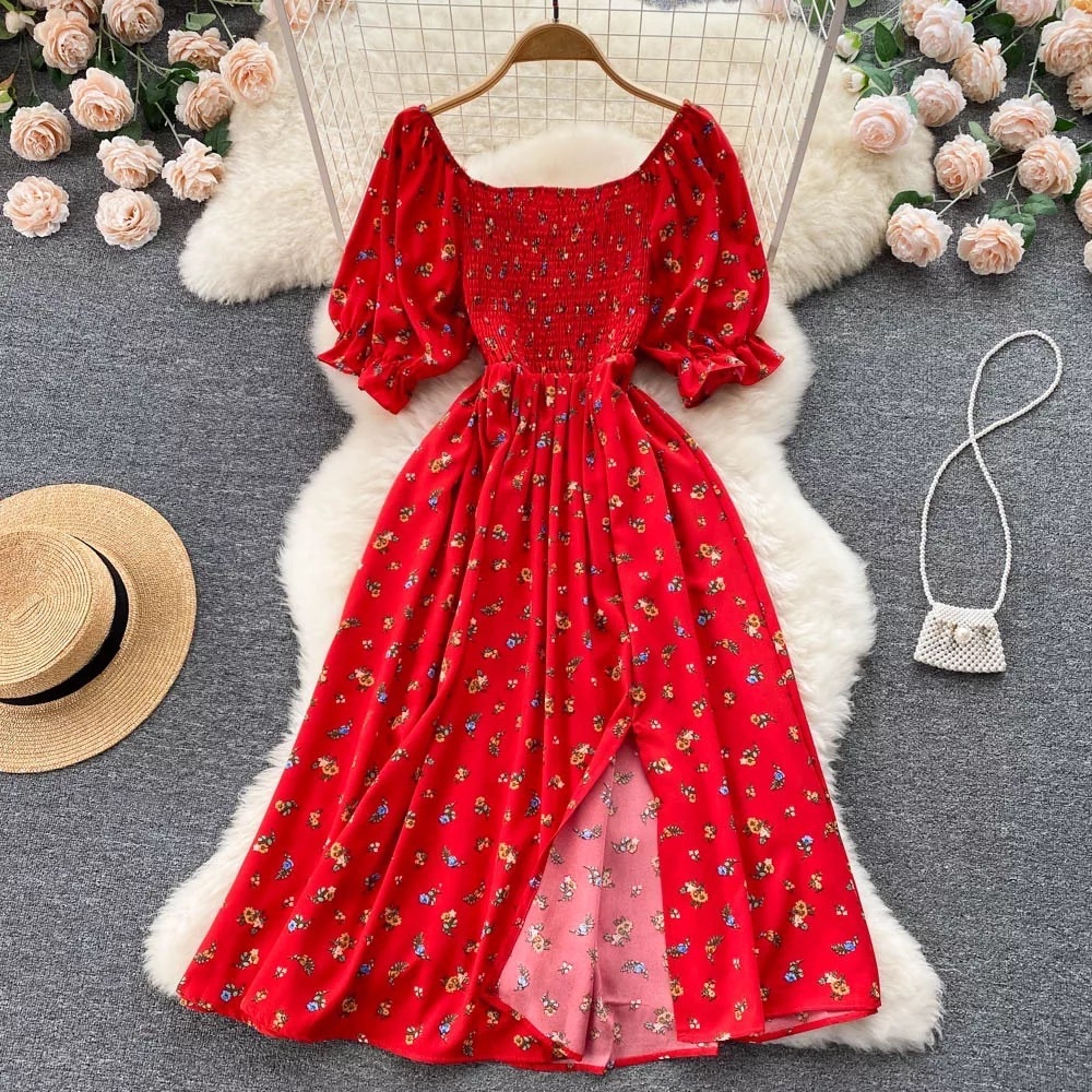Women Dress Fashion Romantic Floral Print Split Puff Sleeve Long Summer Dress